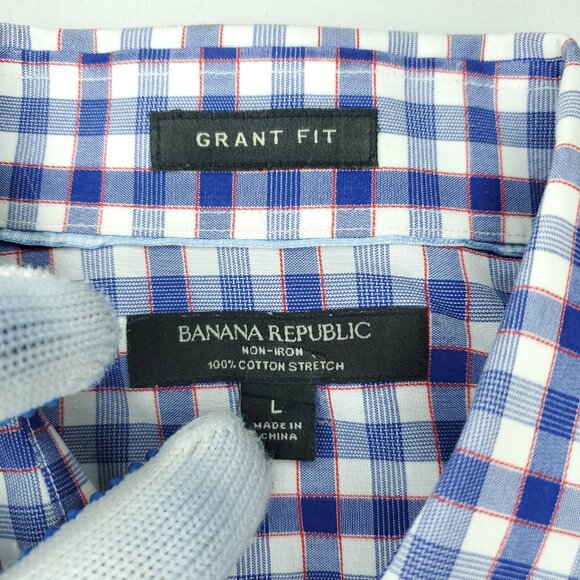 Banana Republic Dress Shirt Mens Large 16-16.5 Blue Grant Fit Non Iron Plaid - Picture 3 of 7